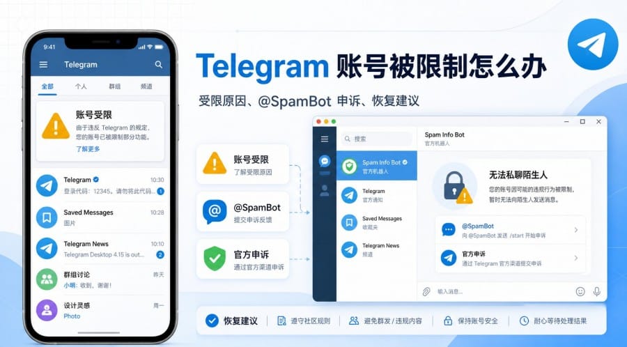 Telegram 账号被限制怎么办？官网受限原因、@SpamBot 申诉与恢复建议