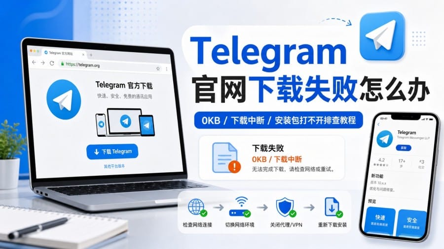 Telegram 官网下载失败怎么办?0KB、下载中断与安装包打不开排查方法