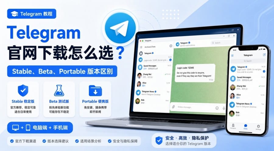 Telegram 官网下载怎么选？Stable、Beta、Portable 版本区别与下载方法